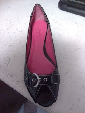LOFT Black Patent Peep-Toe Ballet Flat with Pink Insole